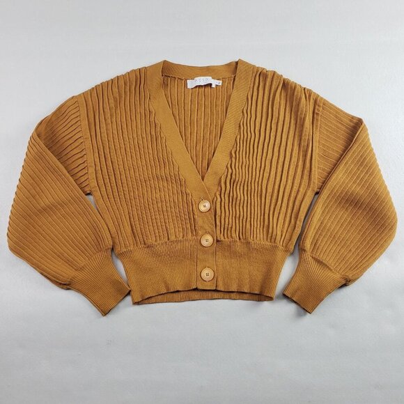 Astr Zuri Cropped Cardigan Sweater Womens Small Yellow Button Front Long Sleeve - Picture 2 of 11